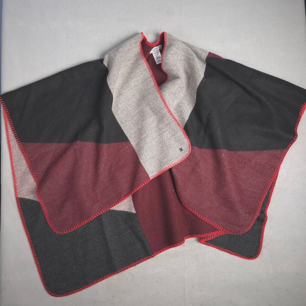 Libby Edelman Womens Colorblock Poncho Wrap Burgundy Black Gray Blanket Stitch
